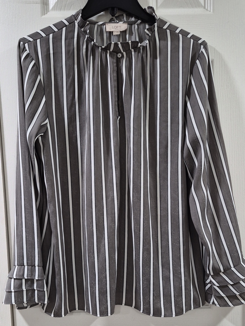 LOFT Gray & White Striped Ruffle-Neck Blouse